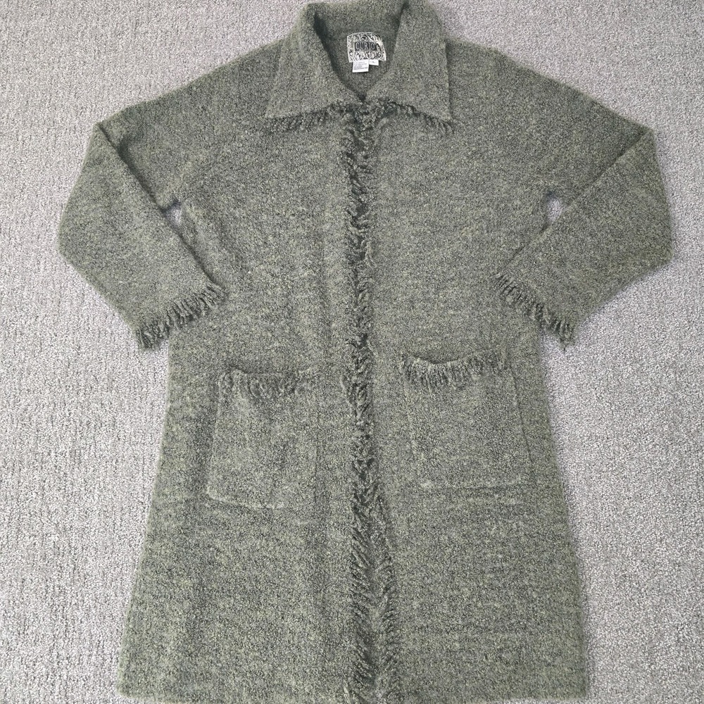 Boho Green Knit Coatigan Open Front Fringe Cardigan Jacket Art To Wear Lagenlook